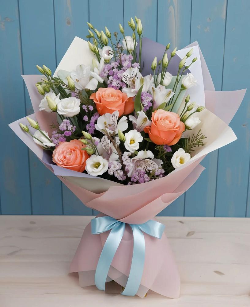 Букет цветов из: Лизиантусы, Розы, Альстромерии и Гипсофила в Чертково