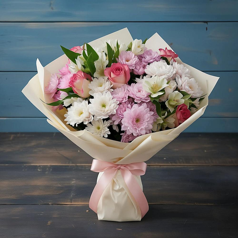 Букет цветов из: Хризантемы, Альстромерии и Розы в Чертково